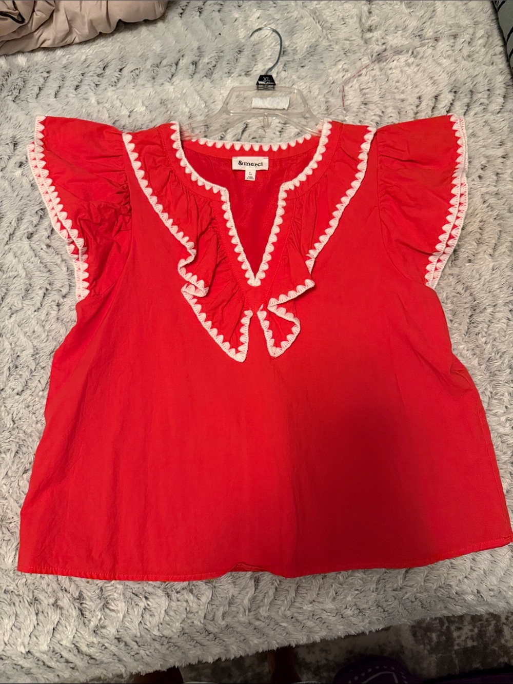 Embroidered Red Ruffle V-Neck Blouse by &merci lined NWOT L